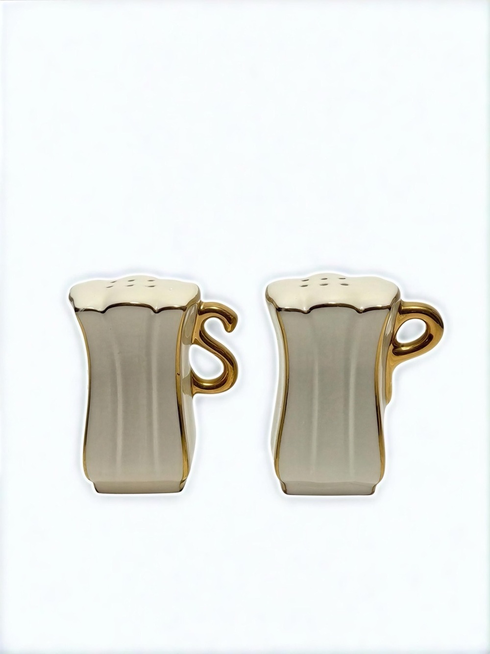 Gold-Trim Ivory Ceramic Salt and Pepper Shakers w/Gold "S" and "P" handles